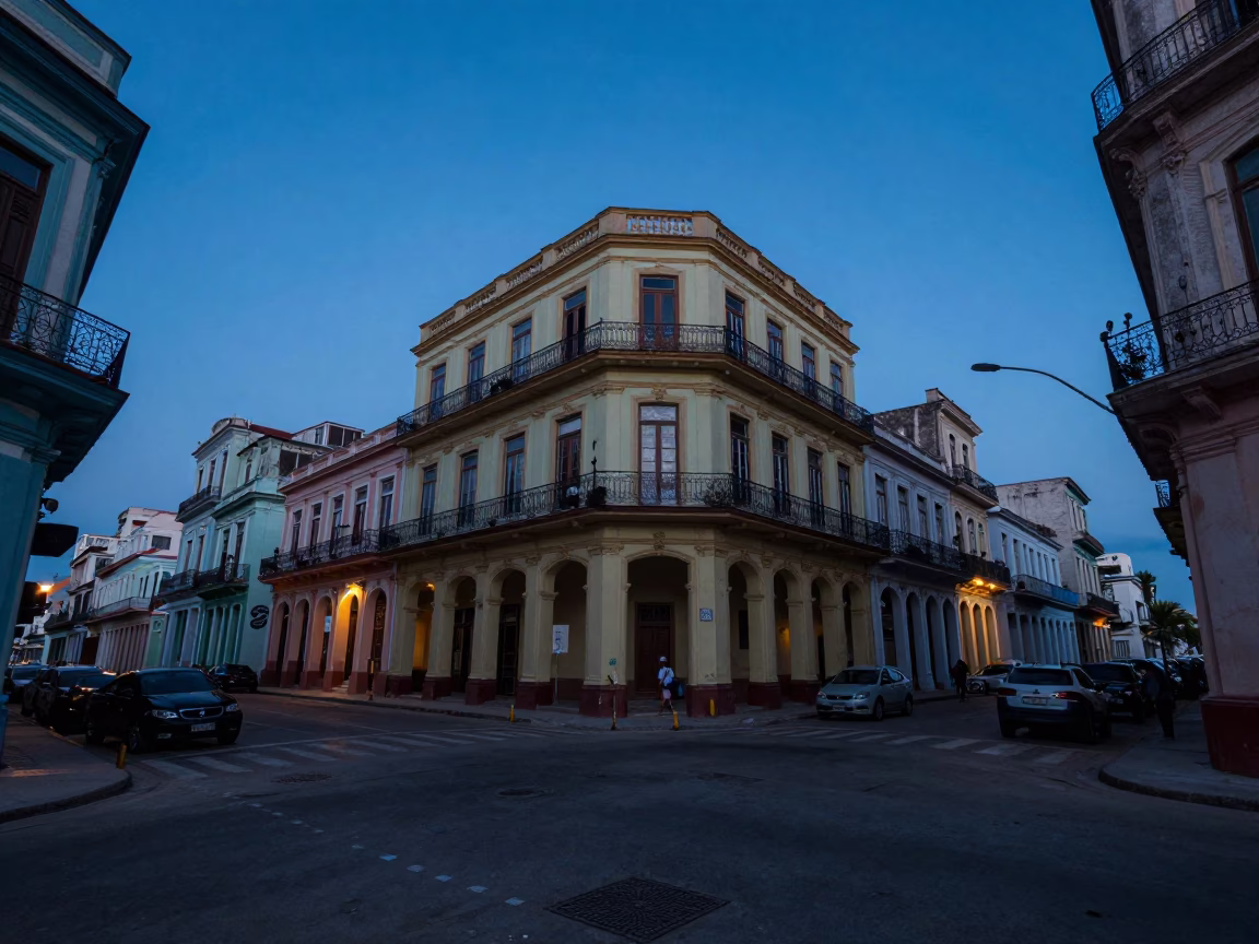 Pre-Dawn Havana Street Scene with Colorful Colonial Architecture and Local Life in in Havana, Cuba