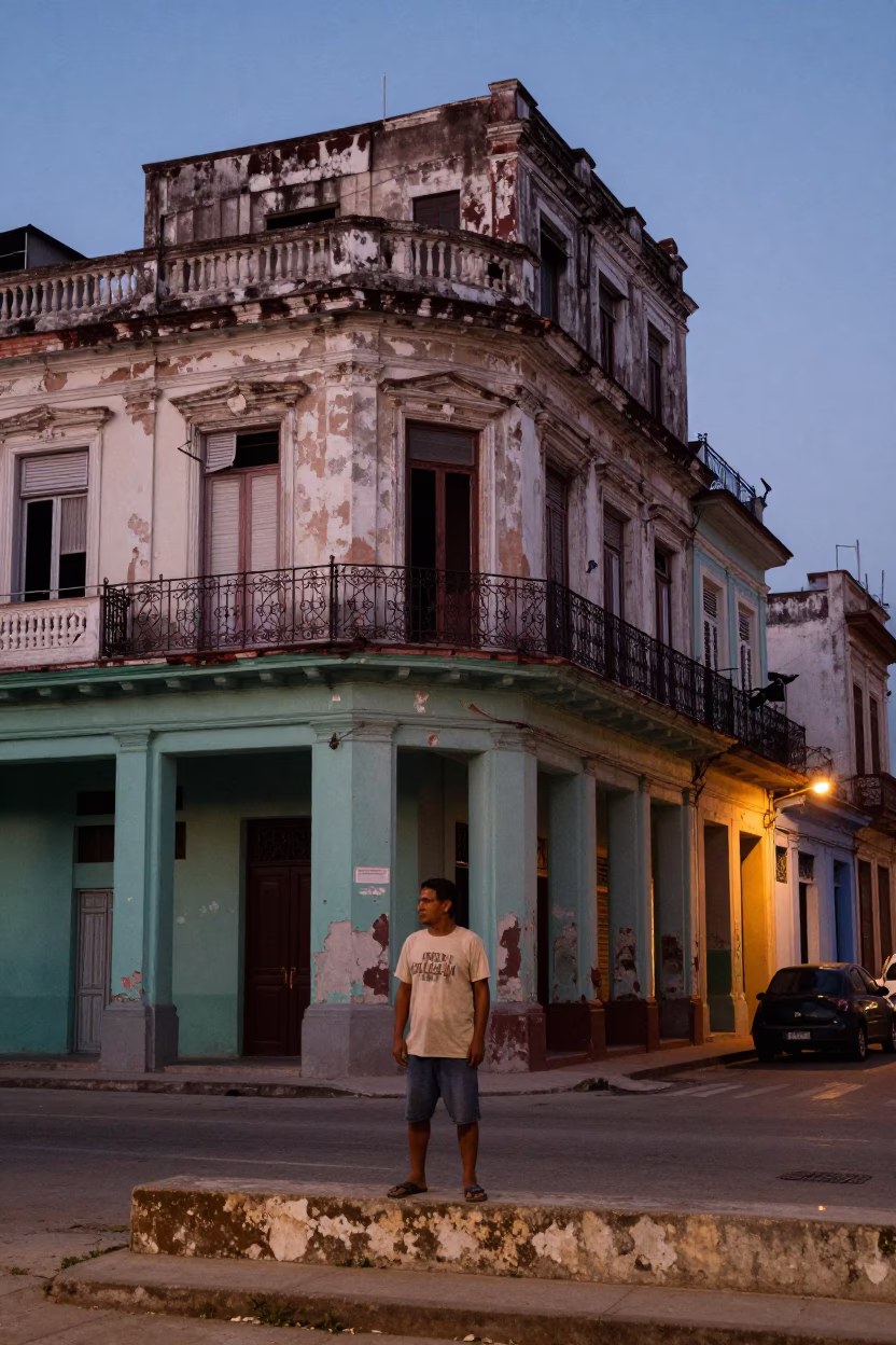 Pre-dawn Havana street scene with peeling colonial facade and bottle opener on ledge in in Havana, Cuba