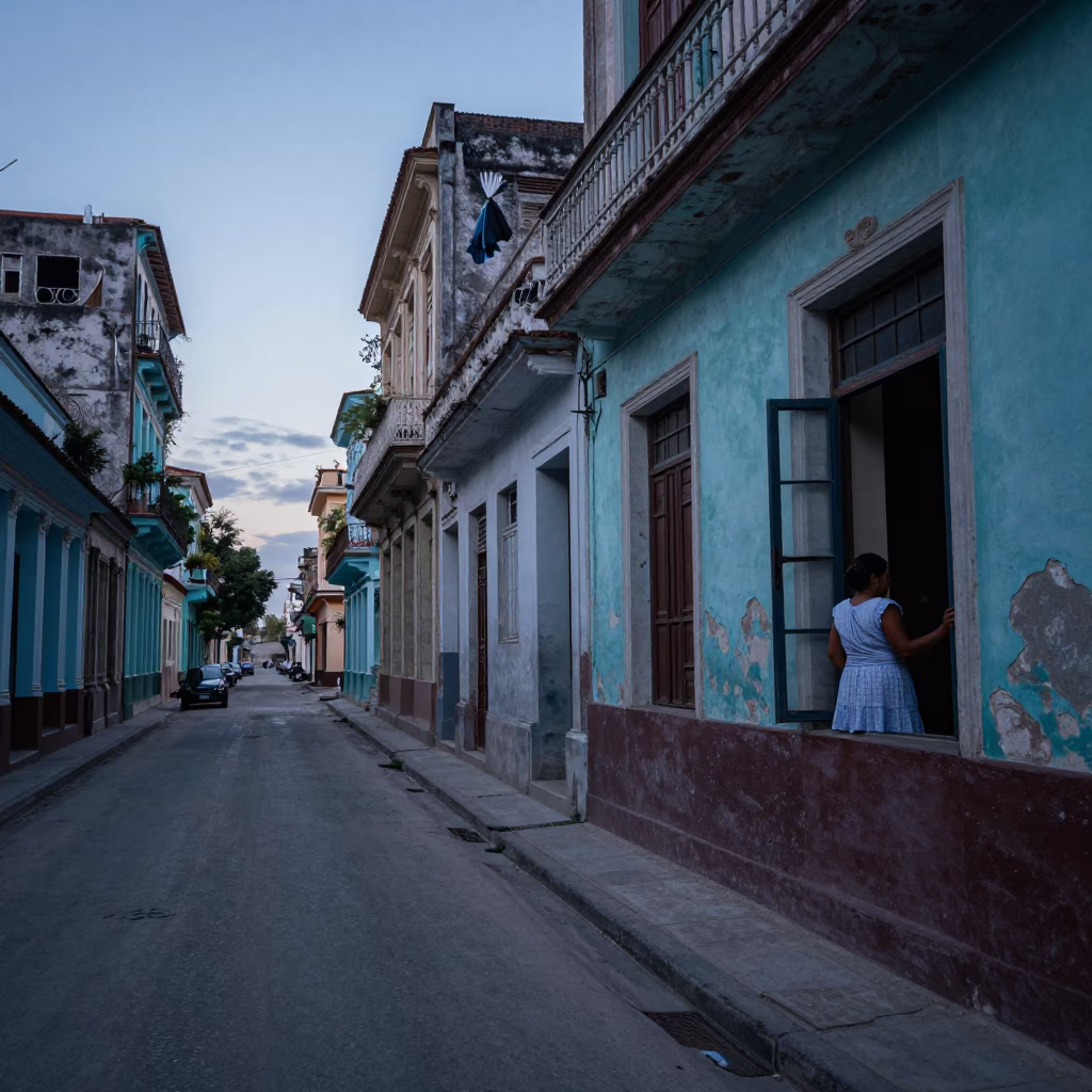 Pre-Dawn Havana Street Scene with Sewing Scissors and Soap Residue on Local Laundry in in Havana, Cuba