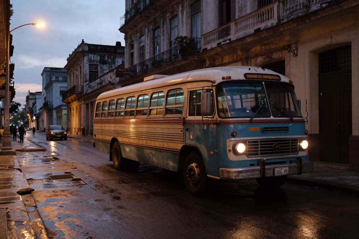 Pre-dawn Havana street scene with vintage Bedford bus and ceramic cup in in Havana, Cuba