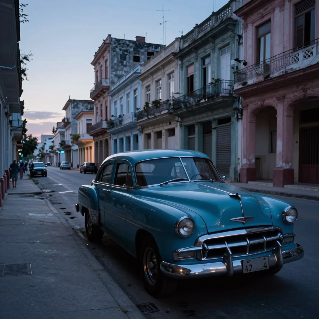 Pre-dawn Havana Street Scene with Vintage Car and Morning Mist in in Havana, Cuba