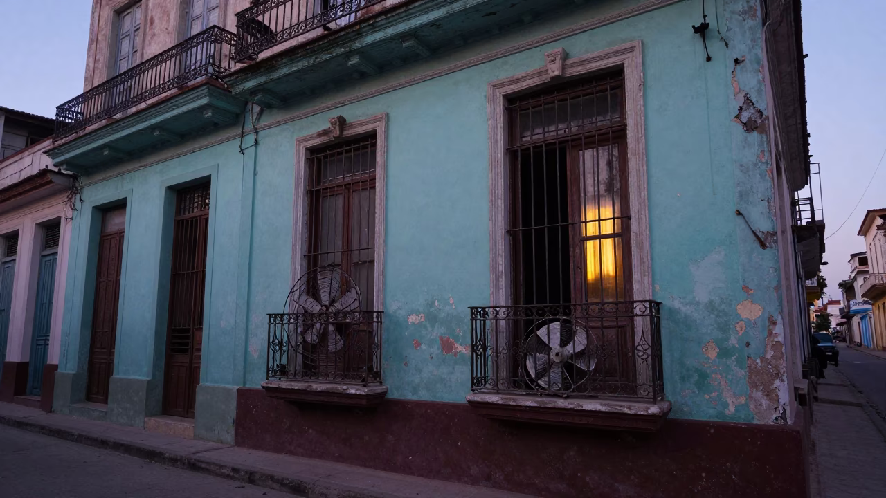Pre-Dawn Havana Street Scene with Weathered Window Fan and Tomatoes in in Havana, Cuba