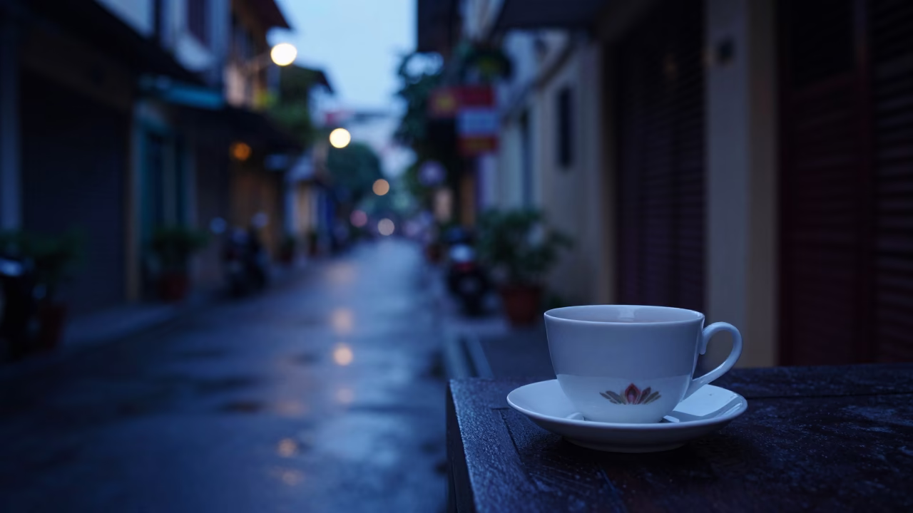 Pre-Dawn Ho Chi Minh City Street Scene with Ceramic Cup and Tea Stains in in Ho Chi Minh City, Vietnam