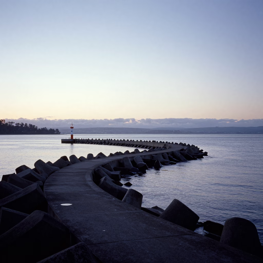 Pre-dawn Hobart Breakwater and Harbor Beacon in Cool Stillness in in Hobart, Tasmania, Australia