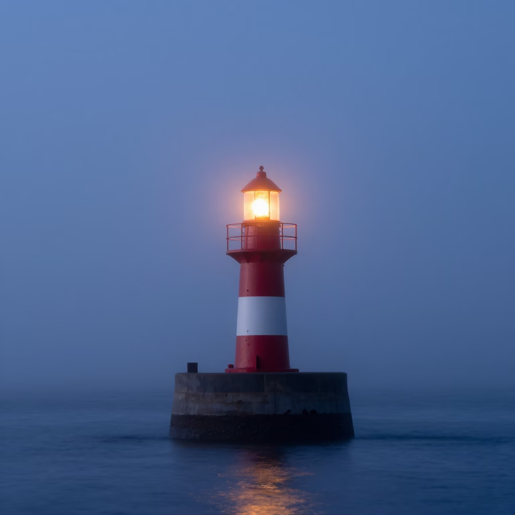 Pre-Dawn Hobart Breakwater Beacon Blinking Through Sea Mist Before Sunrise in in Hobart, Tasmania, Australia