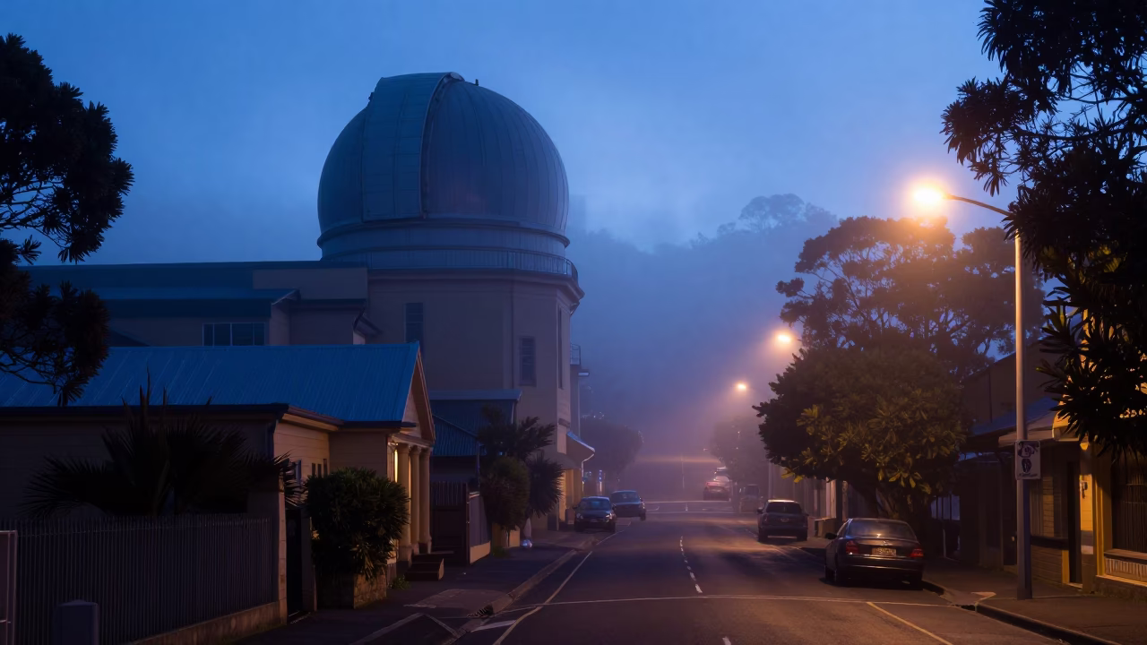 Pre-dawn Hobart street scene with observatory dome silhouette above ground fog in in Hobart, Tasmania, Australia