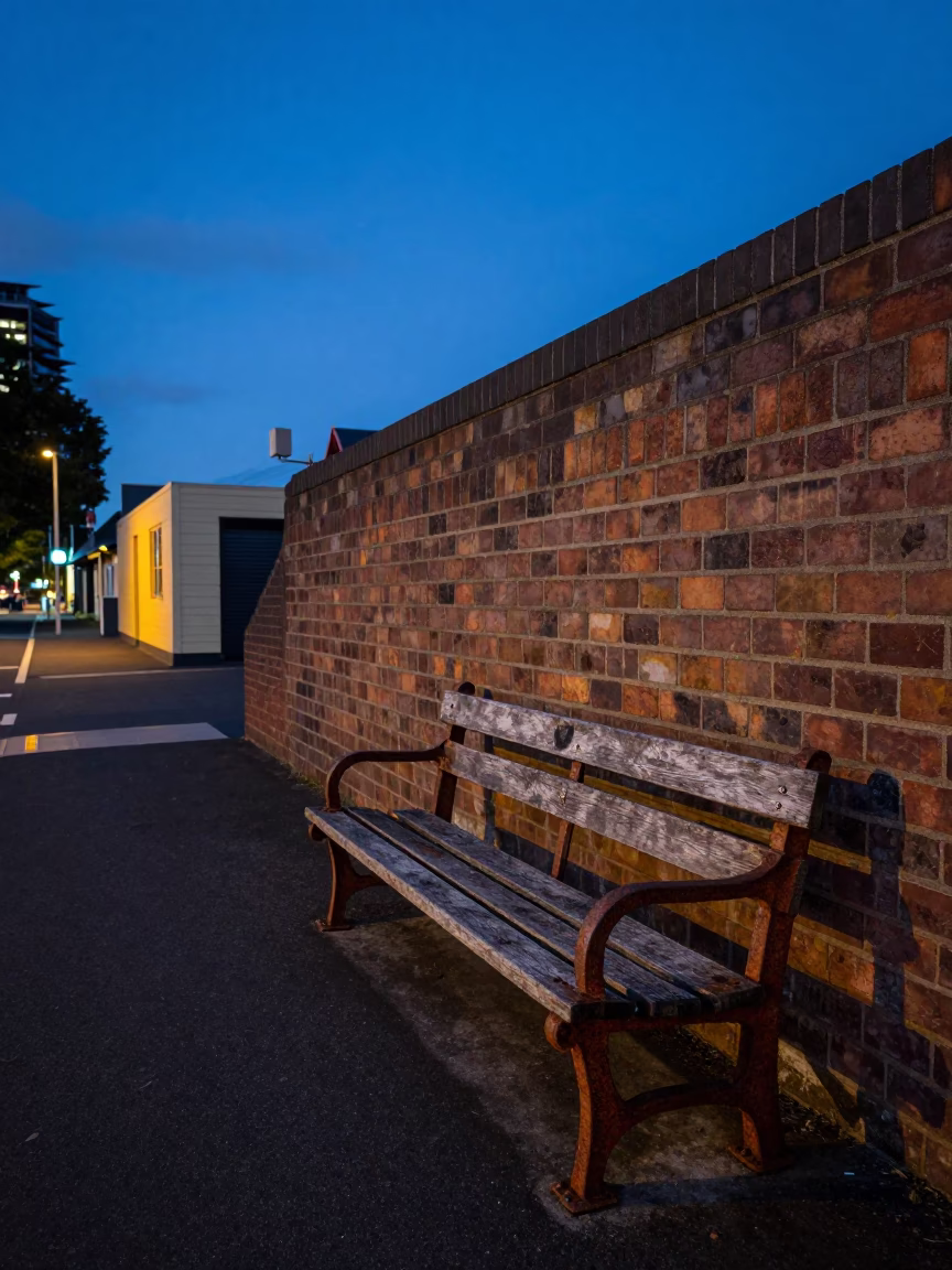 Pre-Dawn Hobart Street Scene with Rusty Bench and Morning Light in in Hobart, Tasmania, Australia