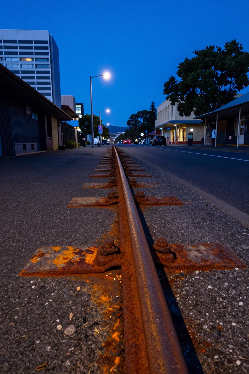 Pre-dawn Hobart Street Scene with Rusty Rail and Night Light in in Hobart, Tasmania, Australia