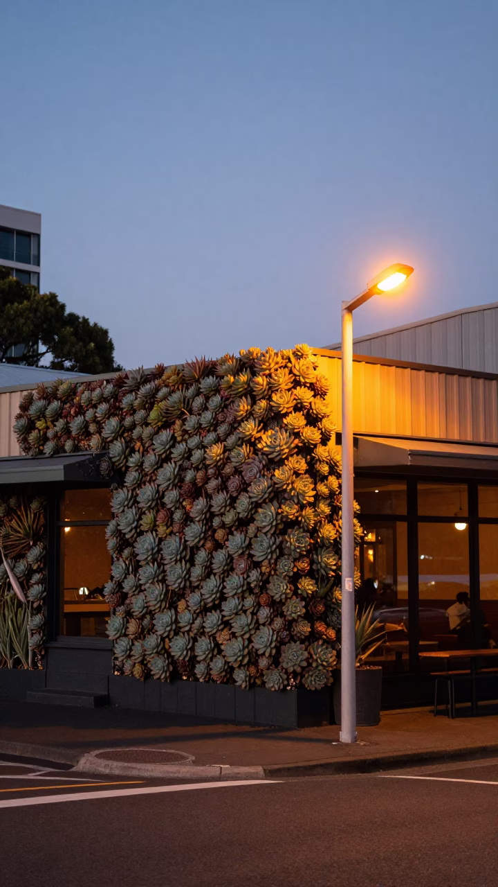 Pre-dawn Hobart Street Scene with Succulent Wall and Sodium Lights in in Hobart, Tasmania, Australia