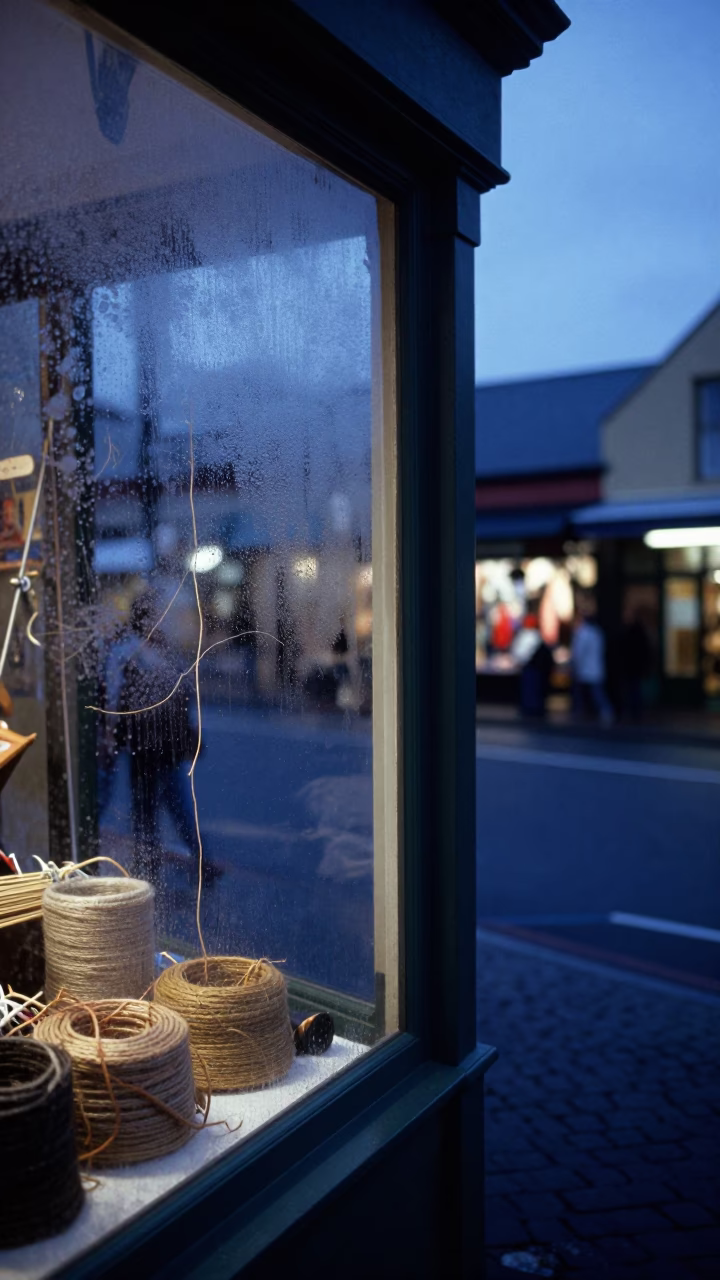 Pre-dawn Hobart Street Scene with Twine Fibers on Window Glass in in Hobart, Tasmania, Australia