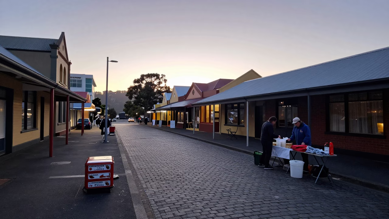 Pre-dawn Hobart street scene with vintage tart tin and local produce in in Hobart, Tasmania, Australia