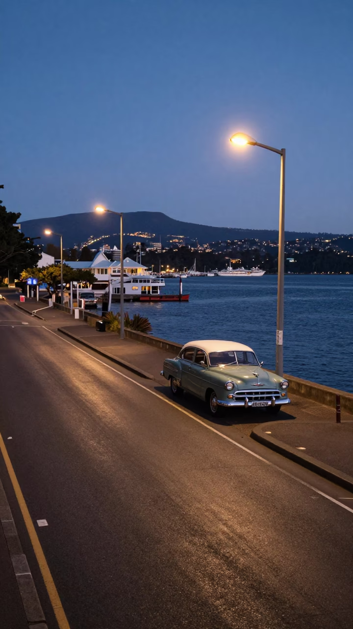 Pre-dawn Hobart Tasmania Australia street scene with vintage car and harbor lights in in Hobart, Tasmania, Australia
