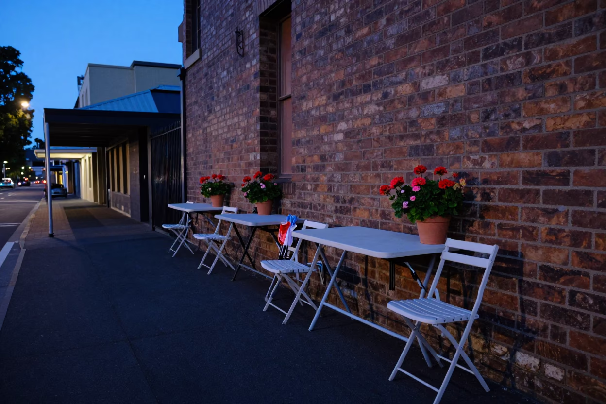 Pre-Dawn Hobart Tasmania Street Scene with Folding Tables and Geraniums in in Hobart, Tasmania, Australia