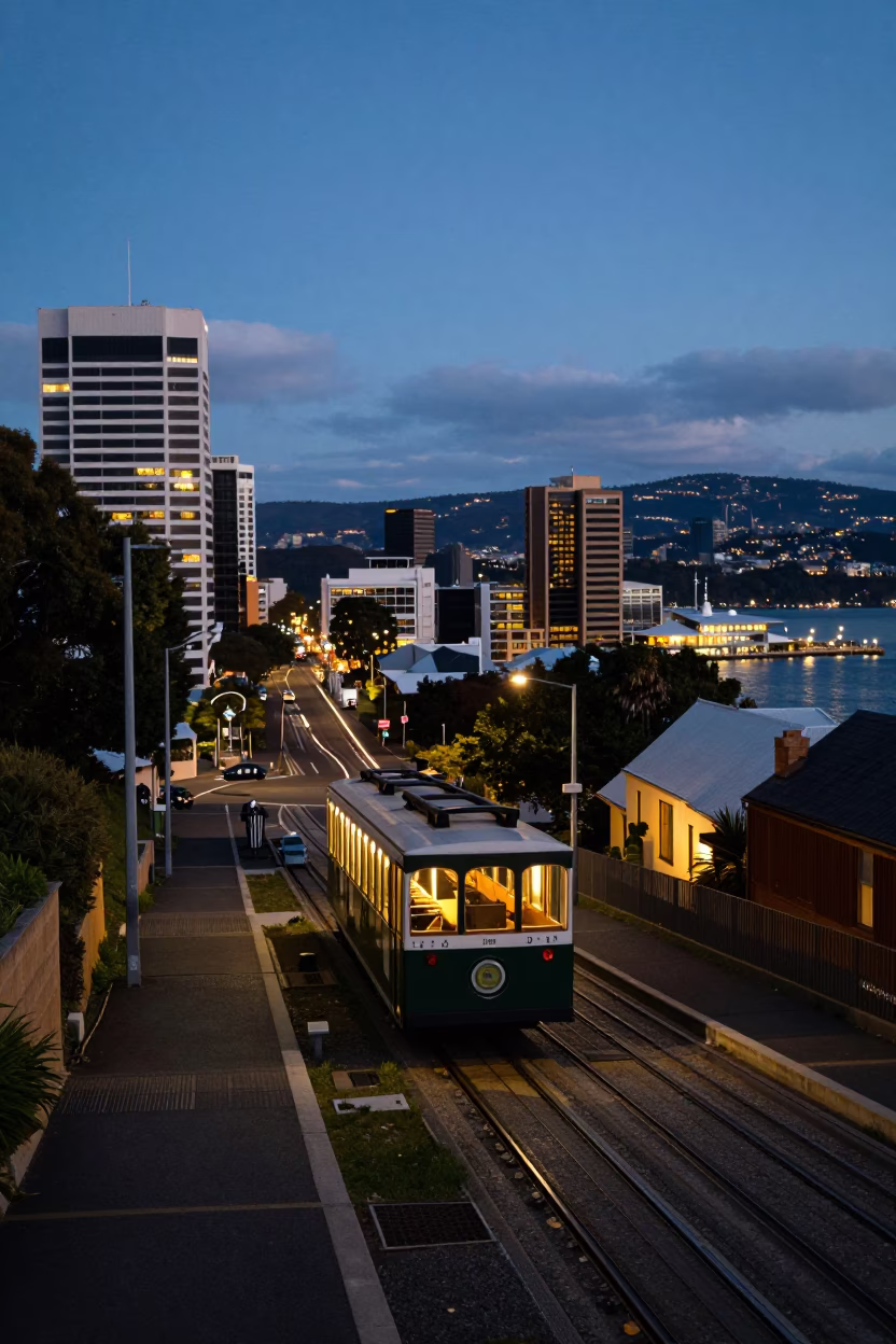 Pre-dawn Hobart Tasmania street scene with funicular and harbor lights in in Hobart, Tasmania, Australia