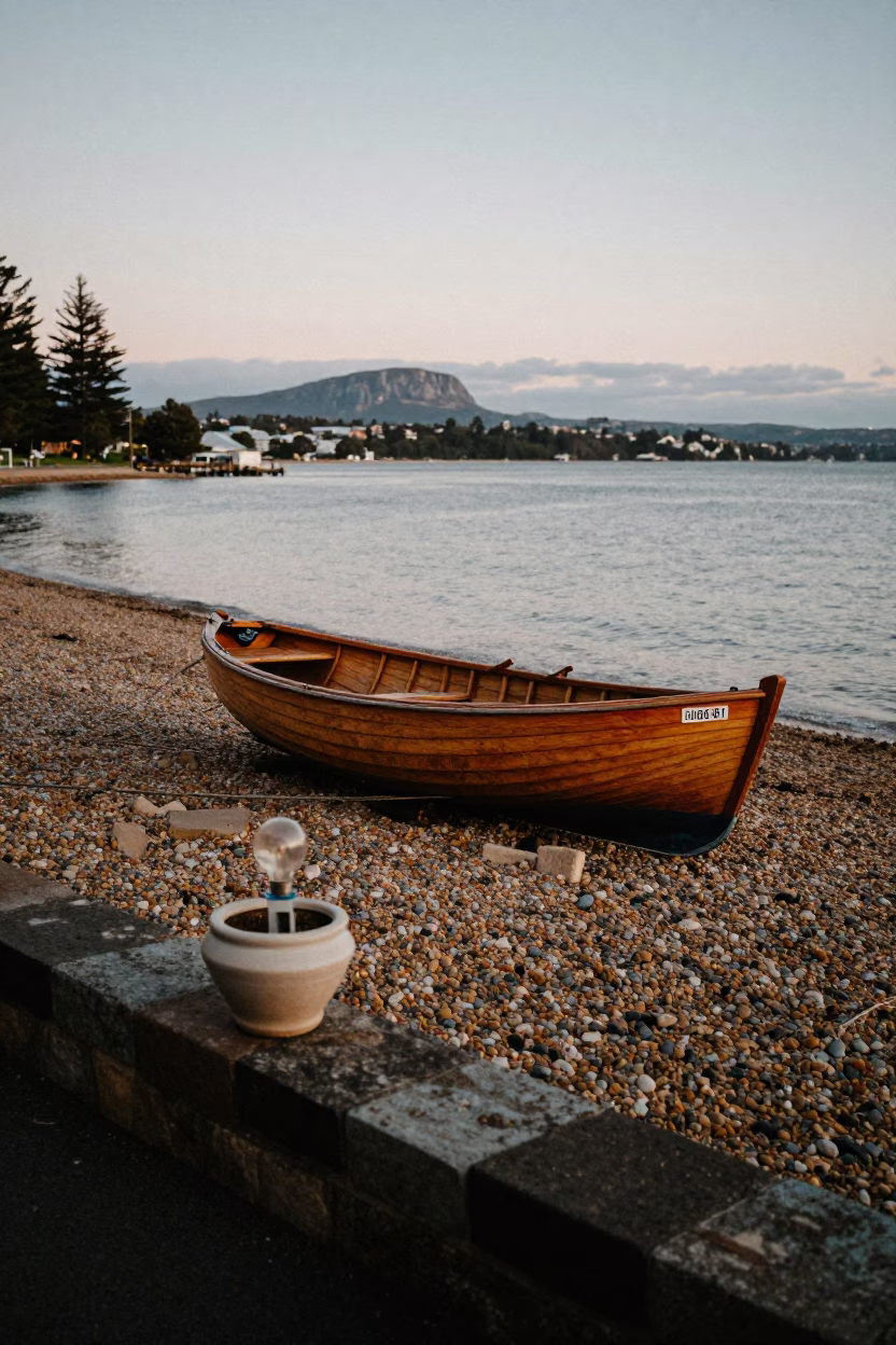 Pre-dawn Hobart Tasmania street scene with rowboat on pebble beach and bulb planter in in Hobart, Tasmania, Australia