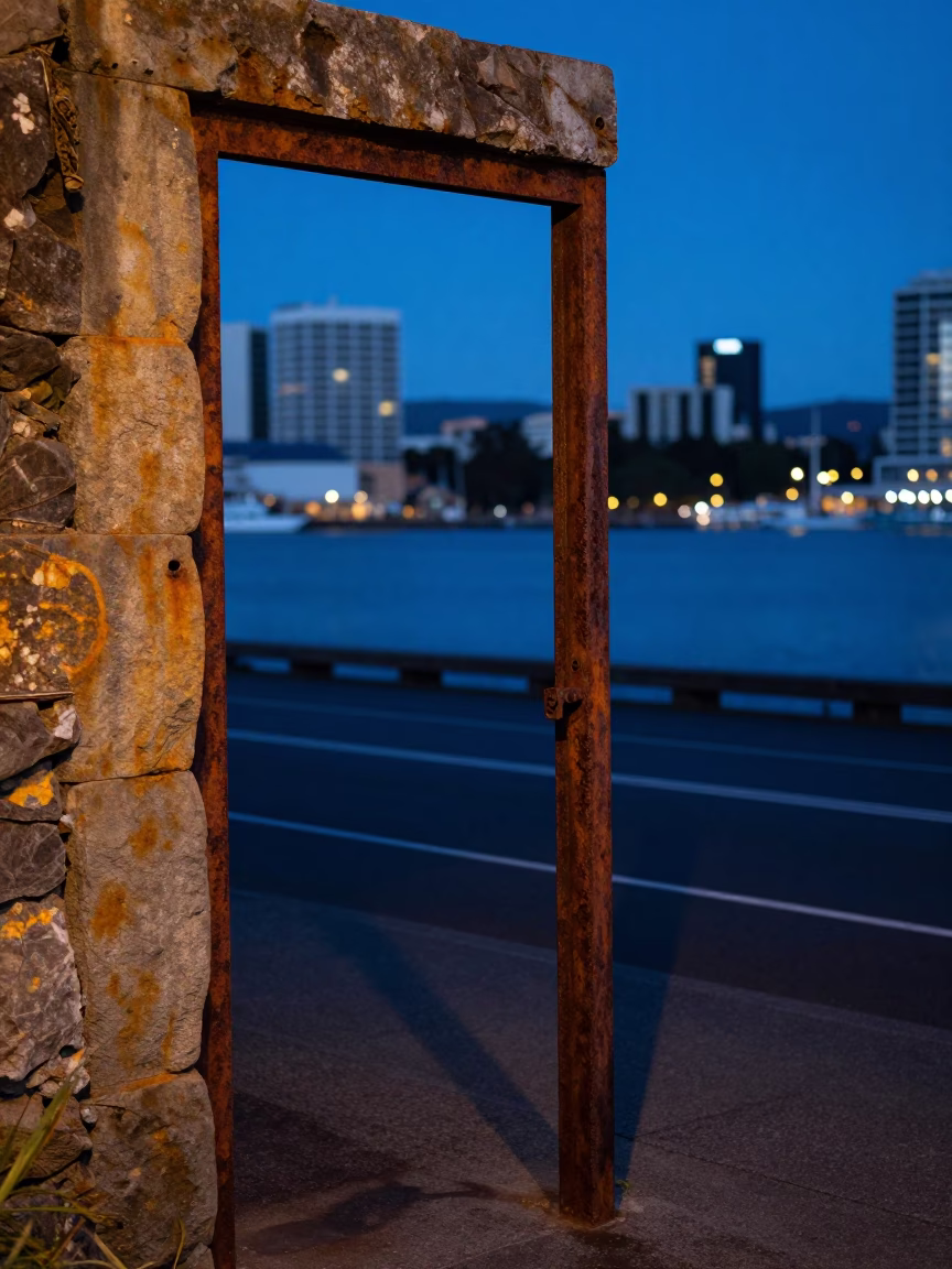 Pre-dawn Hobart Tasmania waterfront street scene with rusted doorframe and moored sailboat in in Hobart, Tasmania, Australia