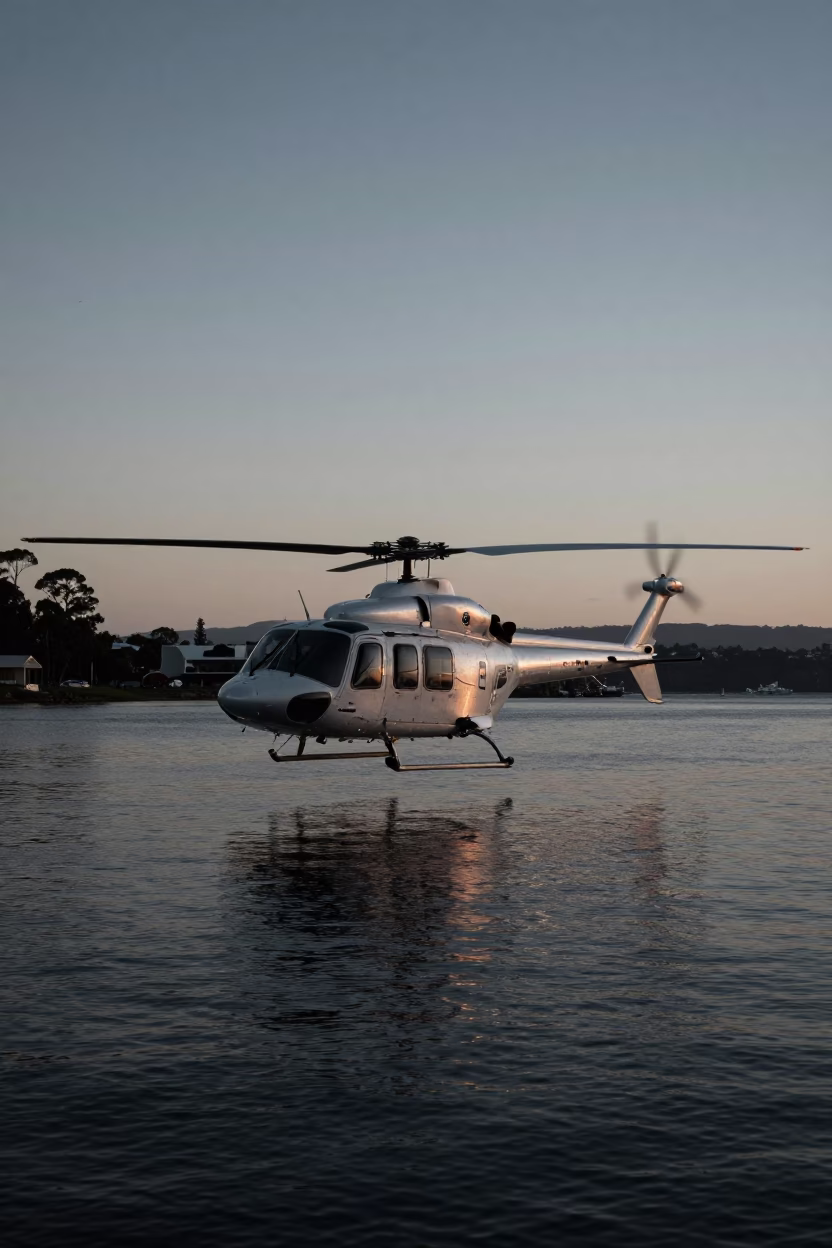 Pre-dawn Hobart waterfront scene with supply helicopter and brushed steel rim details in in Hobart, Tasmania, Australia