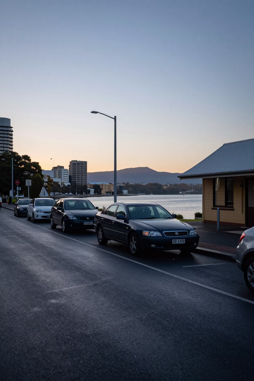 Pre-dawn Hobart waterfront street scene with parked cars and distant harbor lights in in Hobart, Tasmania, Australia
