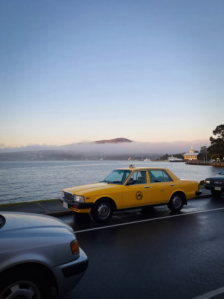 Pre-dawn Hobart waterfront street scene with vintage taxi and misty harbor in in Hobart, Tasmania, Australia