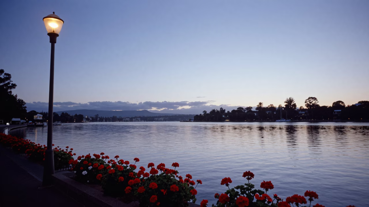 Pre-dawn Hobart waterfront with geraniums and street lamp at sunrise in in Hobart, Tasmania, Australia