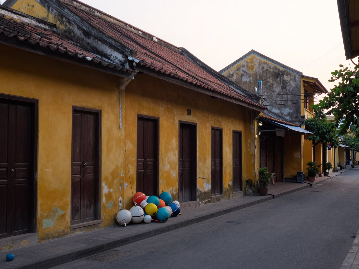Pre-dawn Hoi An alley with yellow walls and fishing floats in in Hoi An, Vietnam