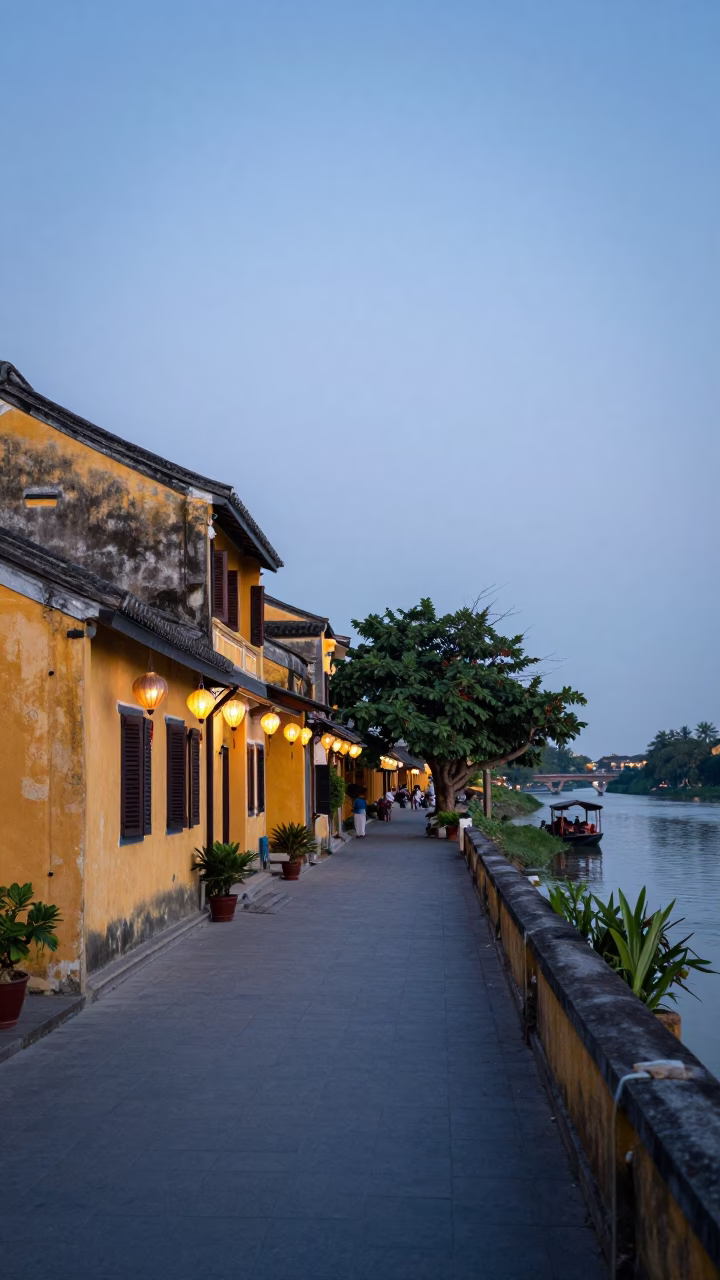 Pre-dawn Hoi An Ancient Town Street with Lanterns and River Views in in Hoi An, Vietnam