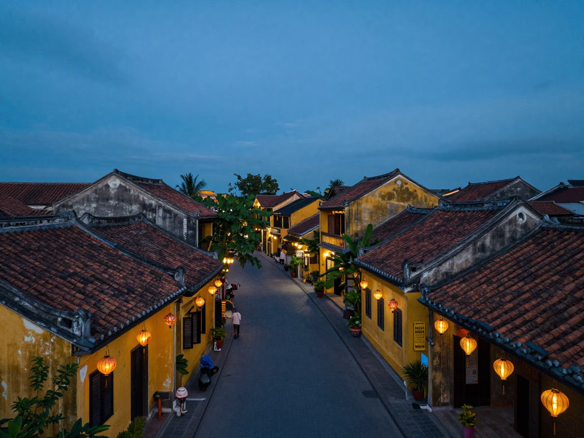 Pre-dawn Hoi An Ancient Town with Floating Paper Lanterns and River Reflections in in Hoi An, Vietnam