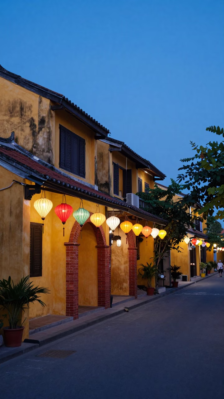 Pre-dawn Hoi An street scene with colorful lanterns and traditional architecture in in Hoi An, Vietnam