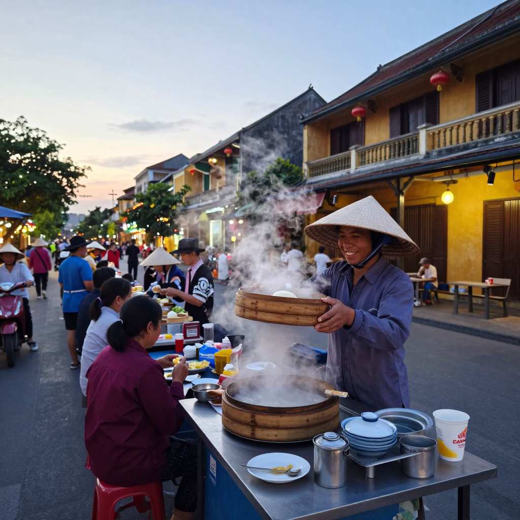 Pre-Dawn Hoi An Street Vendor Serving Breakfast to Early Commuters in Vietnam in in Hoi An, Vietnam