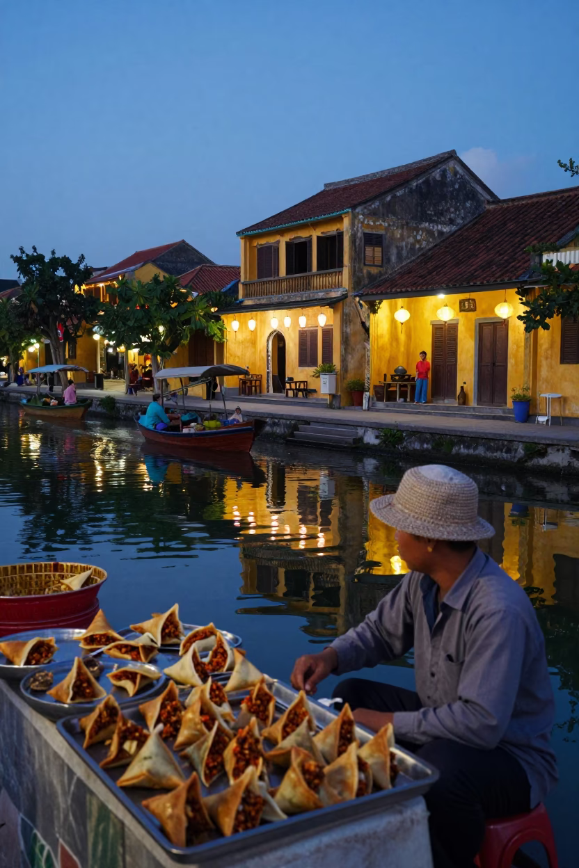 Pre-dawn Hoi An Vietnam Street Scene with Lanterns and Early Morning Market Activity in in Hoi An, Vietnam