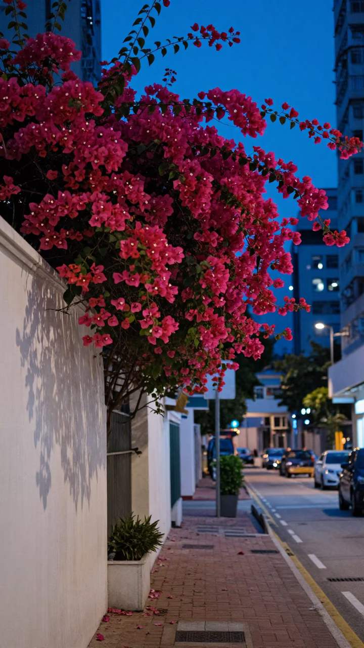 Pre-dawn Hong Kong street scene with bougainvillea cascade and oyster dredger in in Hong Kong, Hong Kong