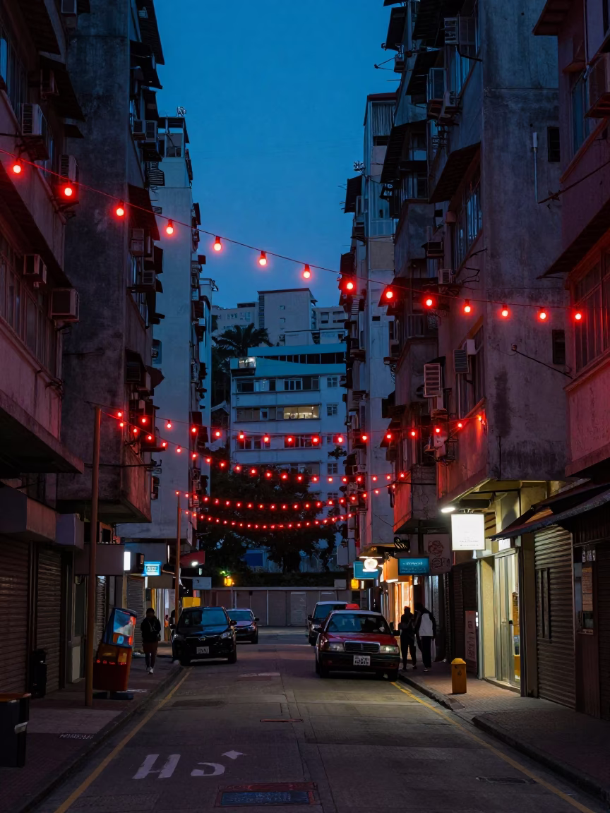Pre-dawn Hong Kong Street Scene with String Lights and Early Morning Activity in in Hong Kong, Hong Kong