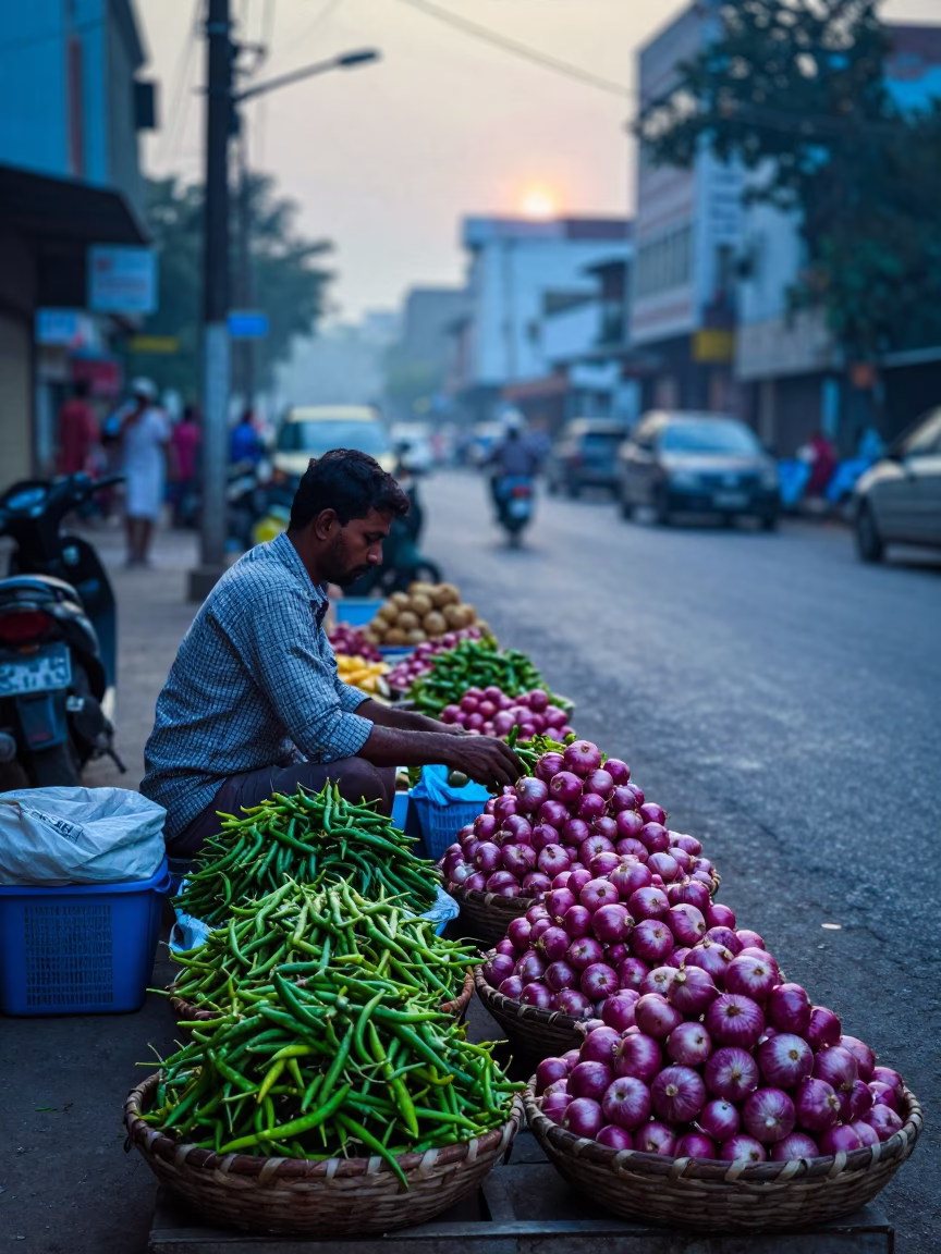 Pre-Dawn Hyderabad Street Scene with Local Vendor and Morning Light in in Hyderabad, India