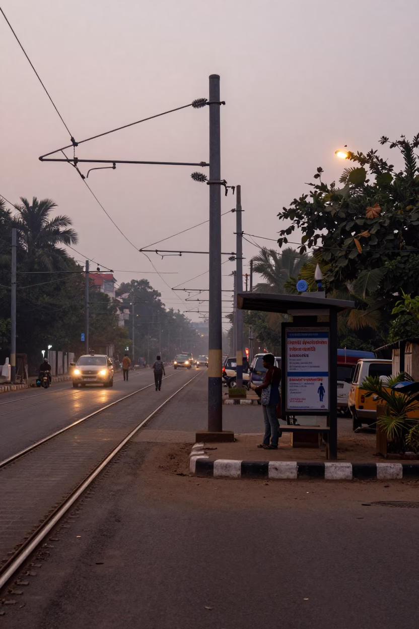 Pre-dawn Hyderabad street scene with rail catenary system and industrial fog in in Hyderabad, India