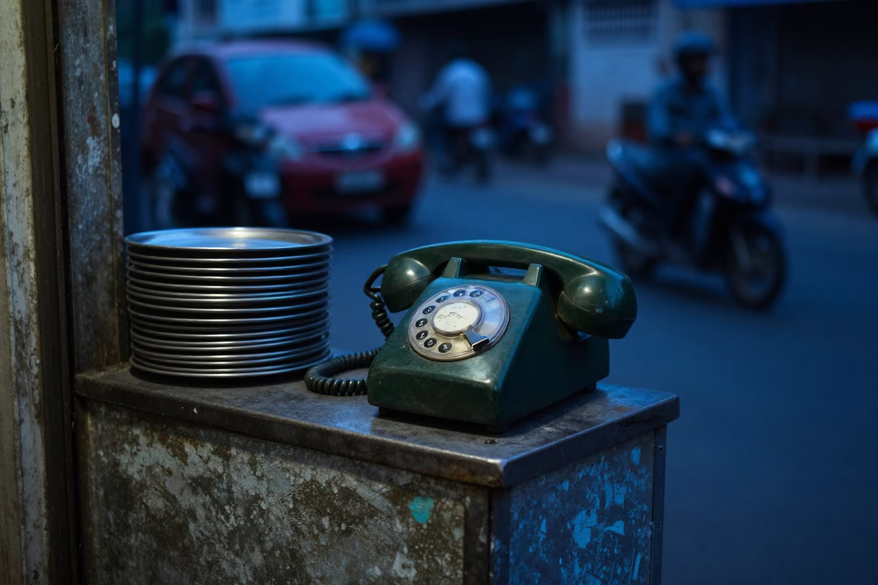 Pre-dawn Hyderabad Street Scene with Vintage Bakelite Telephone and Local Commerce in in Hyderabad, India