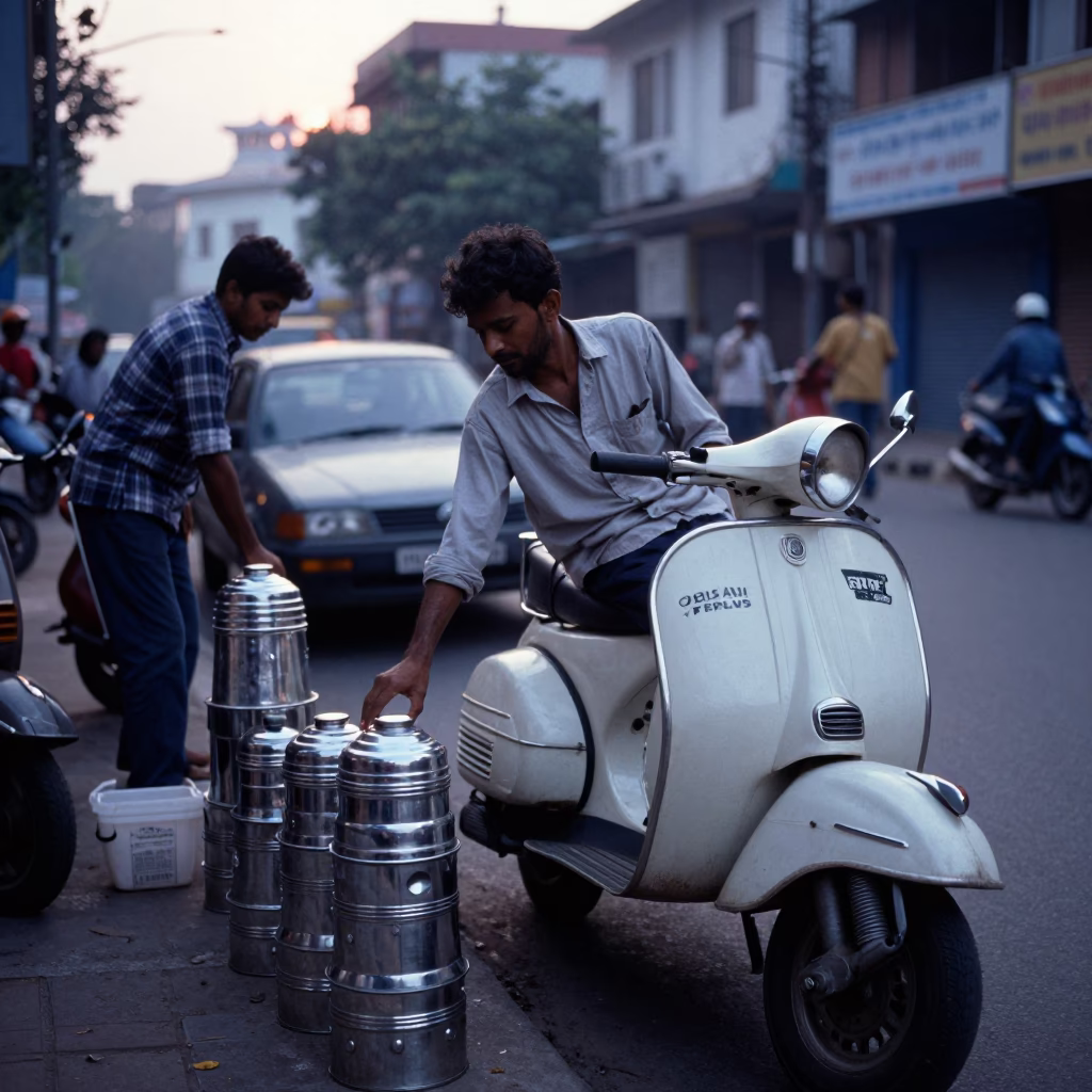 Pre-Dawn Hyderabad Street Scene with Vintage Scooter and Local Breakfast Stall in in Hyderabad, India