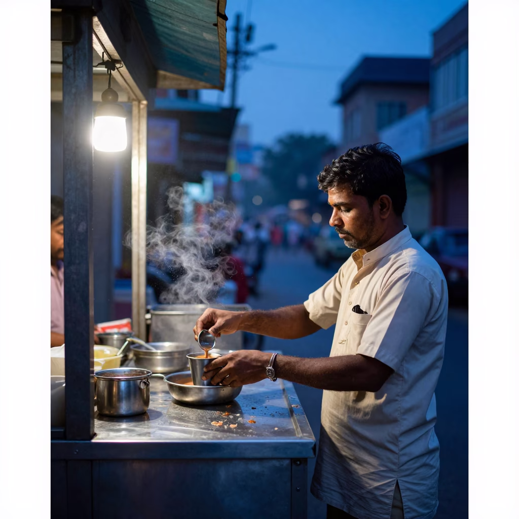 Pre-dawn Hyderabad street vendor preparing chai with condensation on metal shelf and cup in in Hyderabad, India