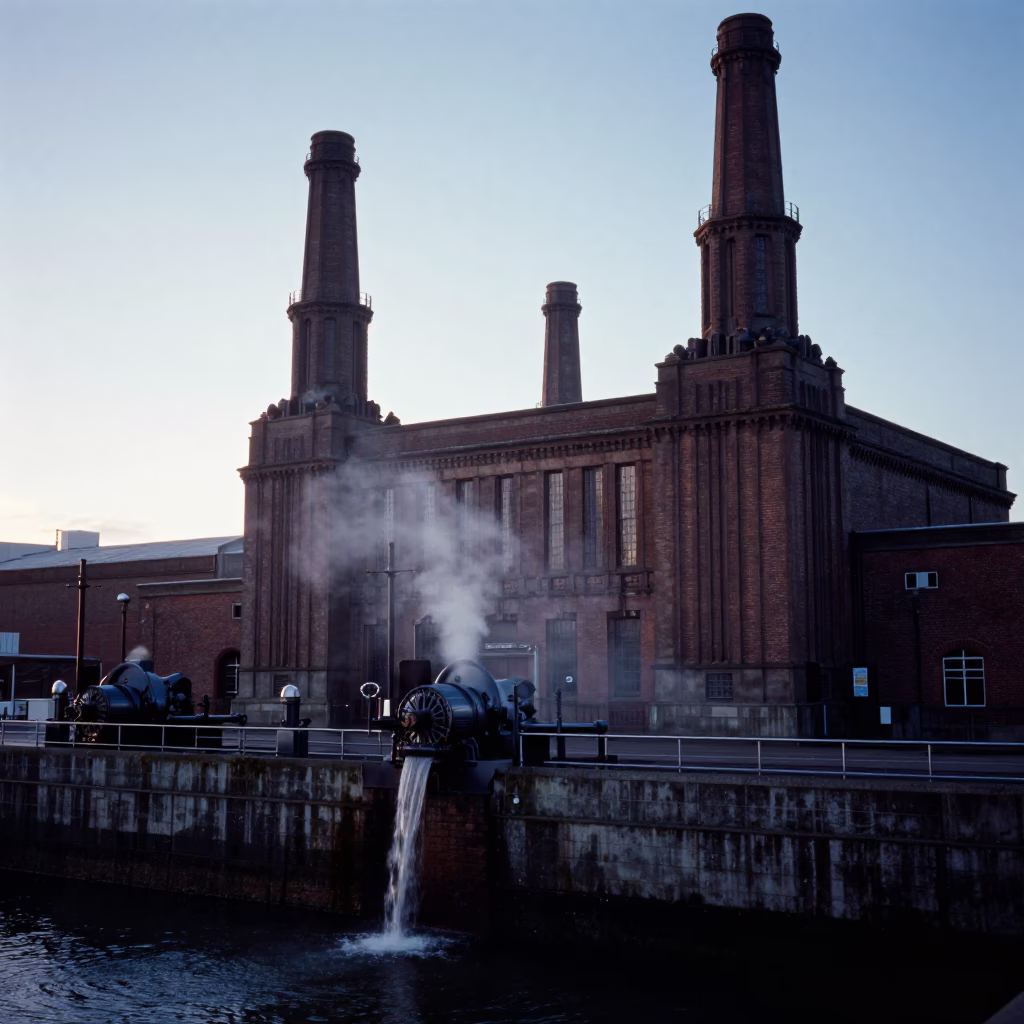 Pre-dawn industrial activity at Liverpool's pumping station lifting water from the lowland canal in in Liverpool, United Kingdom