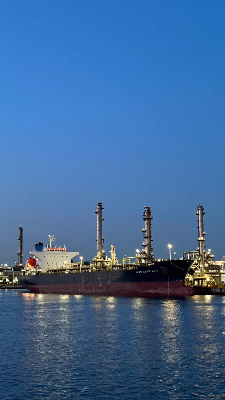 Pre-dawn Industrial Harbor Scene with Tanker Ship at Singapore Refinery Dock in in Singapore, Singapore