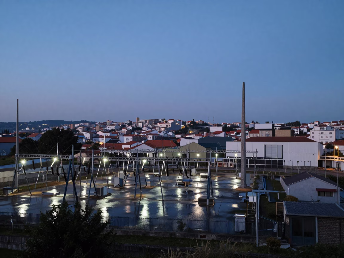 Pre-Dawn Industrial Landscape of Porto Portugal Substation Insulators Under Floodlights in in Porto, Portugal