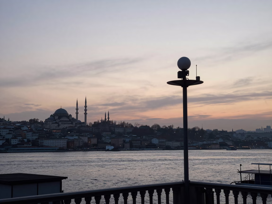 Pre-dawn Istanbul Skyline and Bosphorus Waters from Historic Balcony in in Istanbul, Turkey
