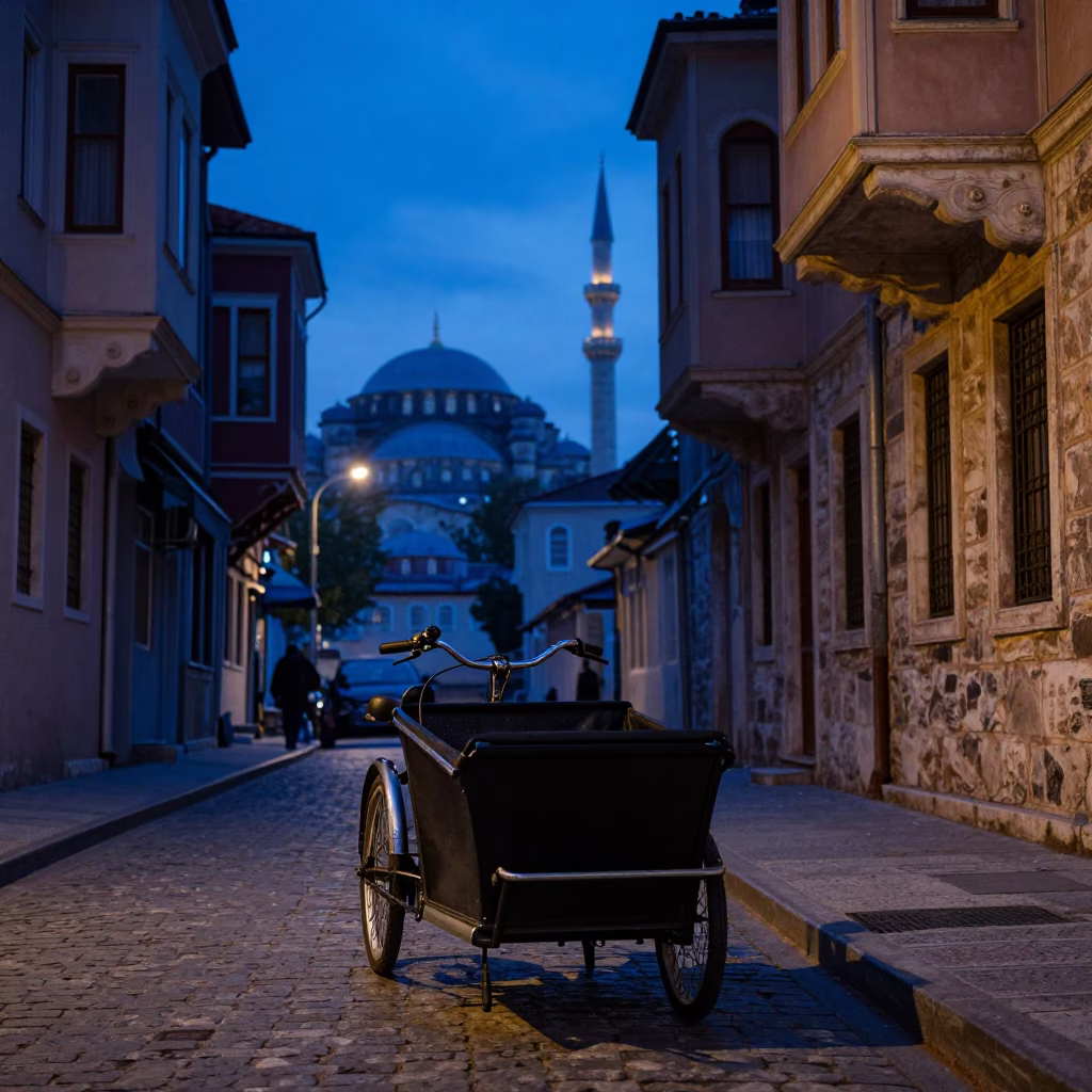 Pre-dawn Istanbul Street Scene with Cargo Bicycle and Stone Architecture in in Istanbul, Turkey