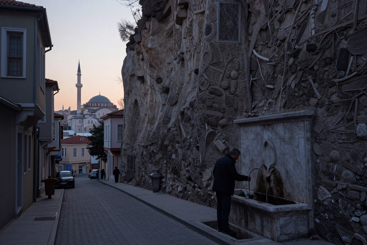 Pre-dawn Istanbul Street Scene with Fossil Cliff Face and Local Wash Basin in in Istanbul, Turkey