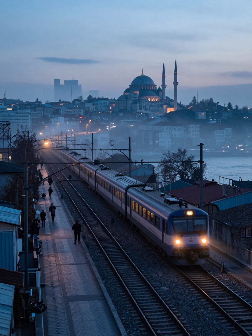 Pre-dawn Istanbul Street Scene with Railway Viaduct and Passing Train in in Istanbul, Turkey