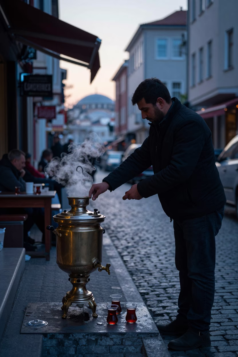 Pre-dawn Istanbul street scene with traditional tea glasses and morning mist in in Istanbul, Turkey