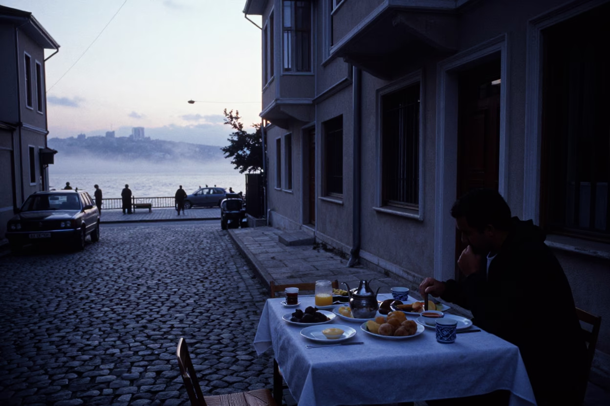 Pre-dawn Istanbul Street Scene with Traditional Turkish Breakfast Setup and Early Morning Light in in Istanbul, Turkey