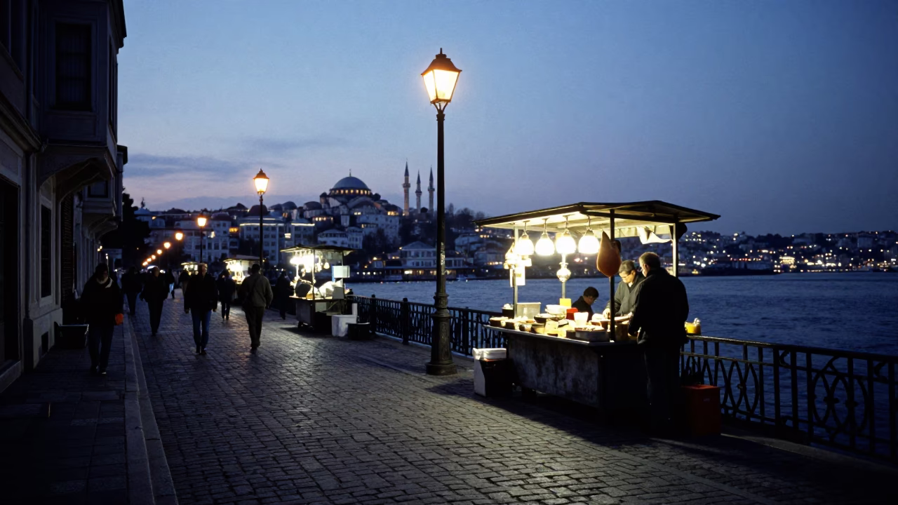 Pre-dawn Istanbul street scene with vendor stall and early morning activity in in Istanbul, Turkey