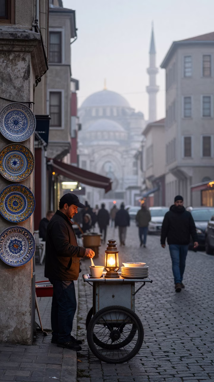 Pre-Dawn Istanbul Street Scene with Vintage Majolica Plate and Lantern in Fog in in Istanbul, Turkey