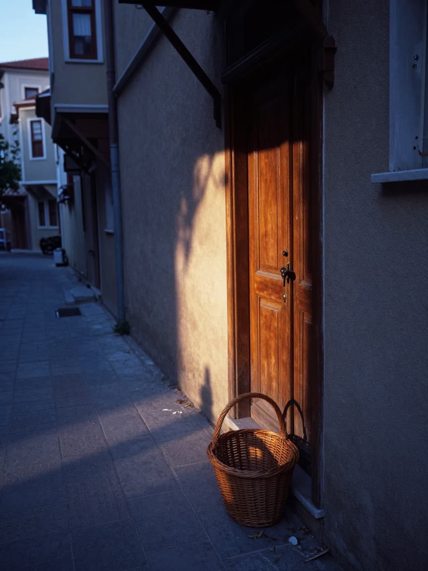 Pre-dawn Istanbul street scene with wicker shadow on hinge and linen napkin in in Istanbul, Turkey