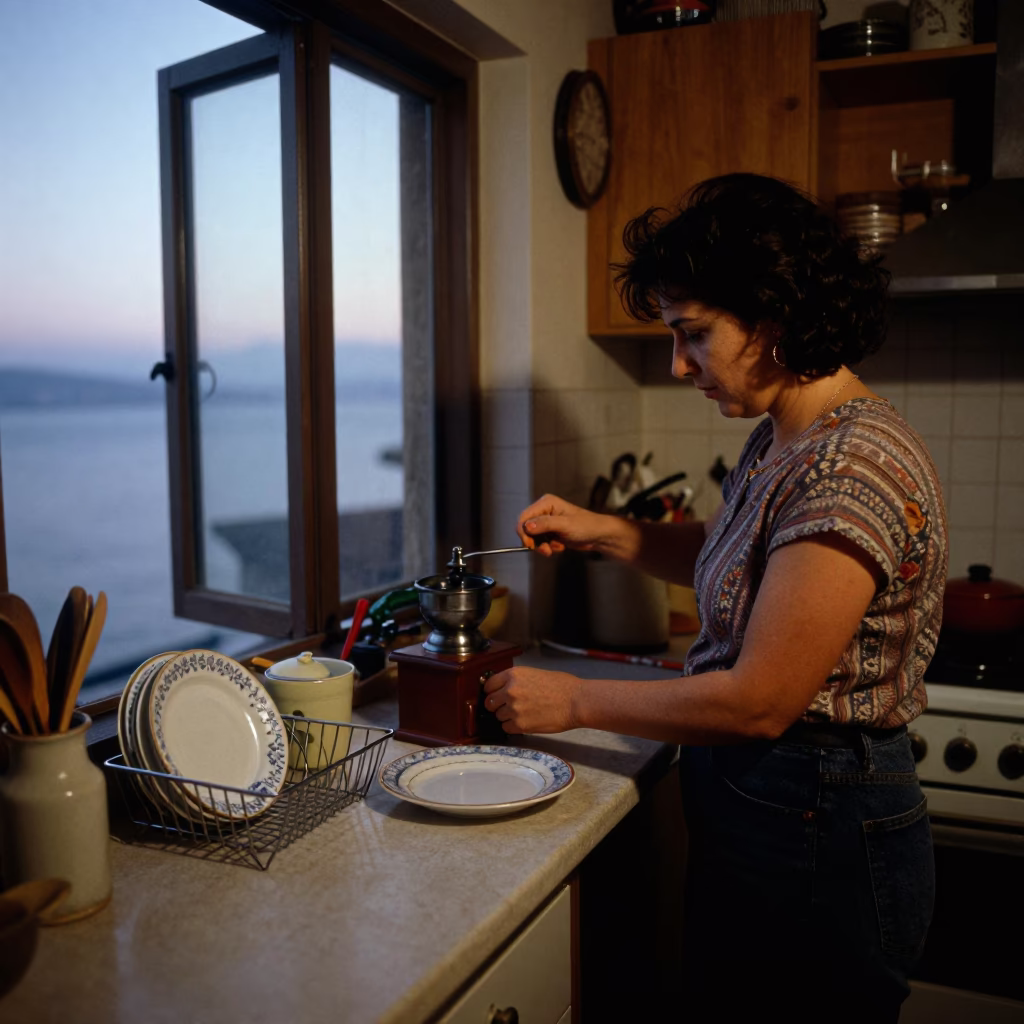 Pre-Dawn Izmir Kitchen Scene with Coffee Grinder and Dish Rack in 1990s Turkey in in Izmir, Turkey